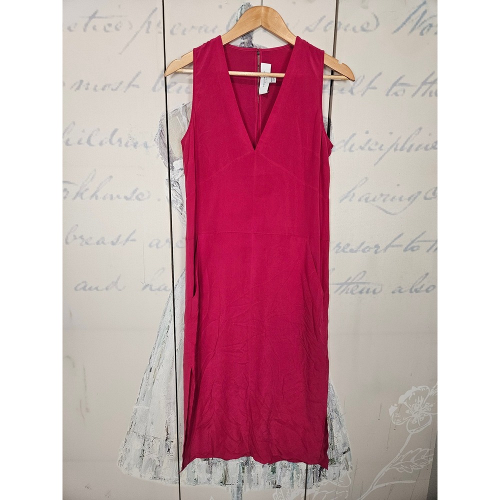 Equipment Femme Silk Midi Dress 4 Pink V-Neck Sleeveless Pockets Side Slits